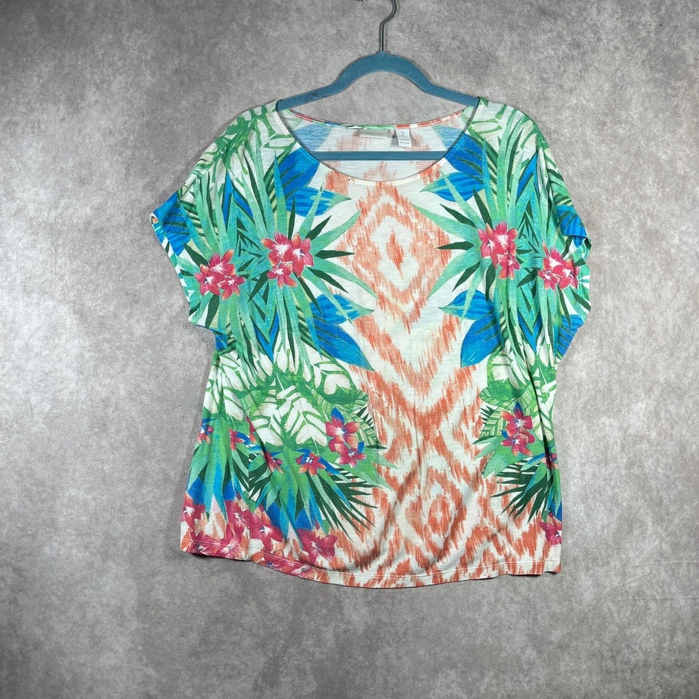 Chico's Top Women Size 2 Multicolor Floral Short Sleeve Tropical Casual Vacation